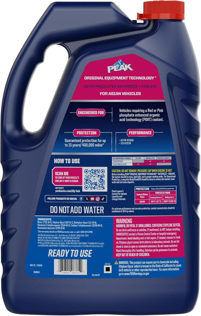 PEAK OET Extended Life Red/Pink 50/50 Prediluted Antifreeze/Coolant for Asian Vehicles, 1 Gal. (Pack of 2)