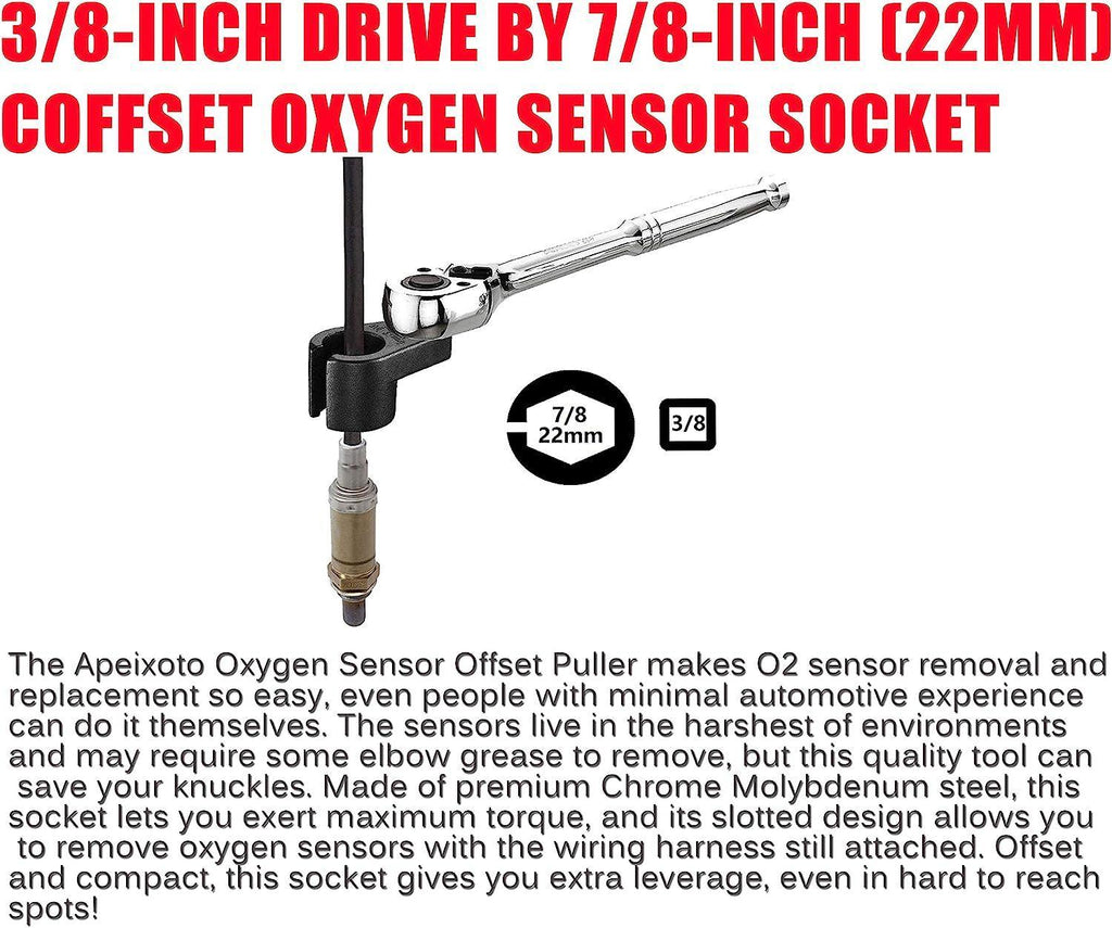AP1822F 3/8-inch Drive by 7/8-inch (22mm) Offset Oxygen Sensor Socket High-performance chrome molybdenum steel construction Wire Gate Accesses Sensor from The Side, Preventing Damage to Wires