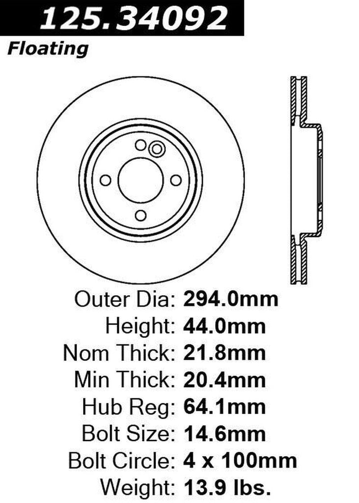Centric Front Disc Brake Rotor for 06 Cooper (125.34092)