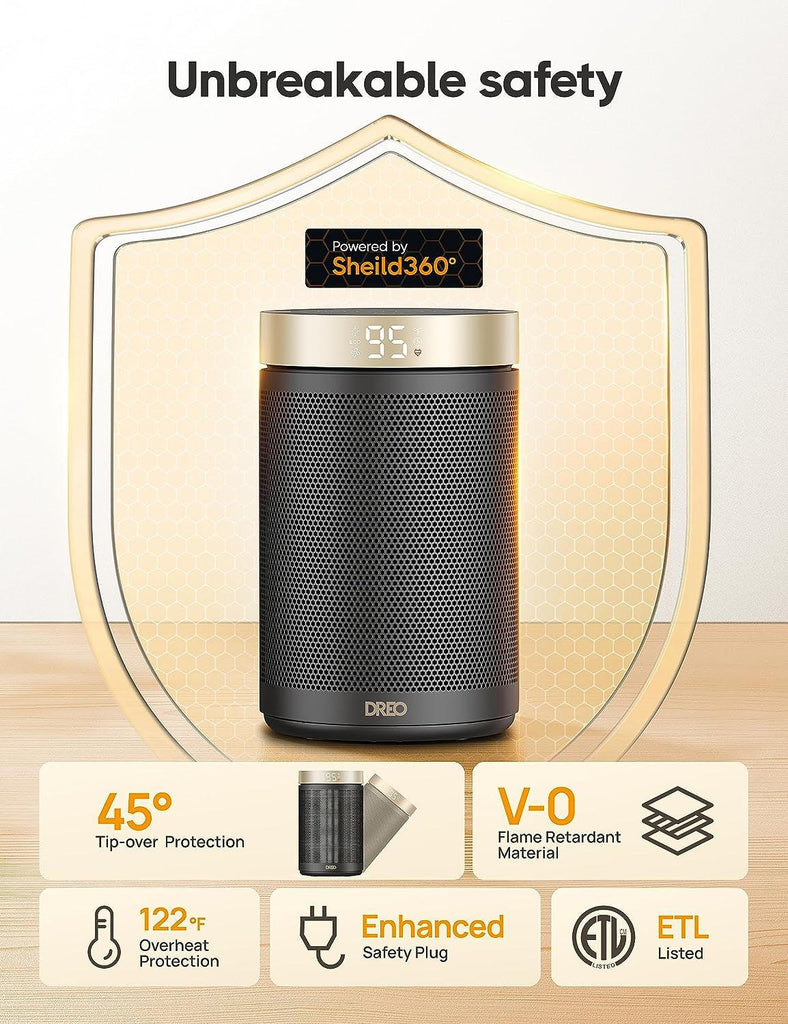 Dreo Space Heater, Portable Electric Heaters for Indoor Use with Thermostat, Digital Display, 1-12H Timer, Eco Mode and Fan Mode, 1500W PTC Ceramic Fast Safety Heat for Office Bedroom Home