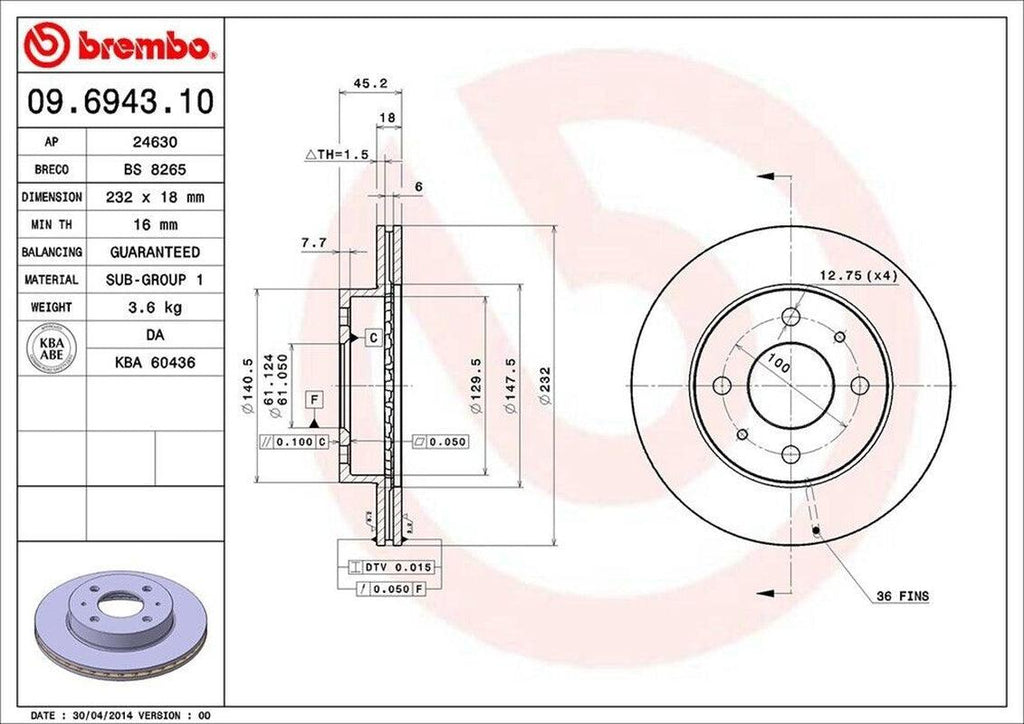 Brembo Front Disc Brake Rotor for Nissan (09.6943.10)
