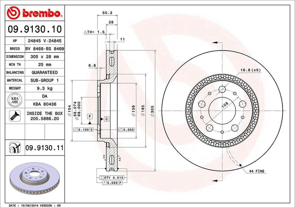 Brembo Front Disc Brake Rotor for S60, V70, S80 (09.9130.11)