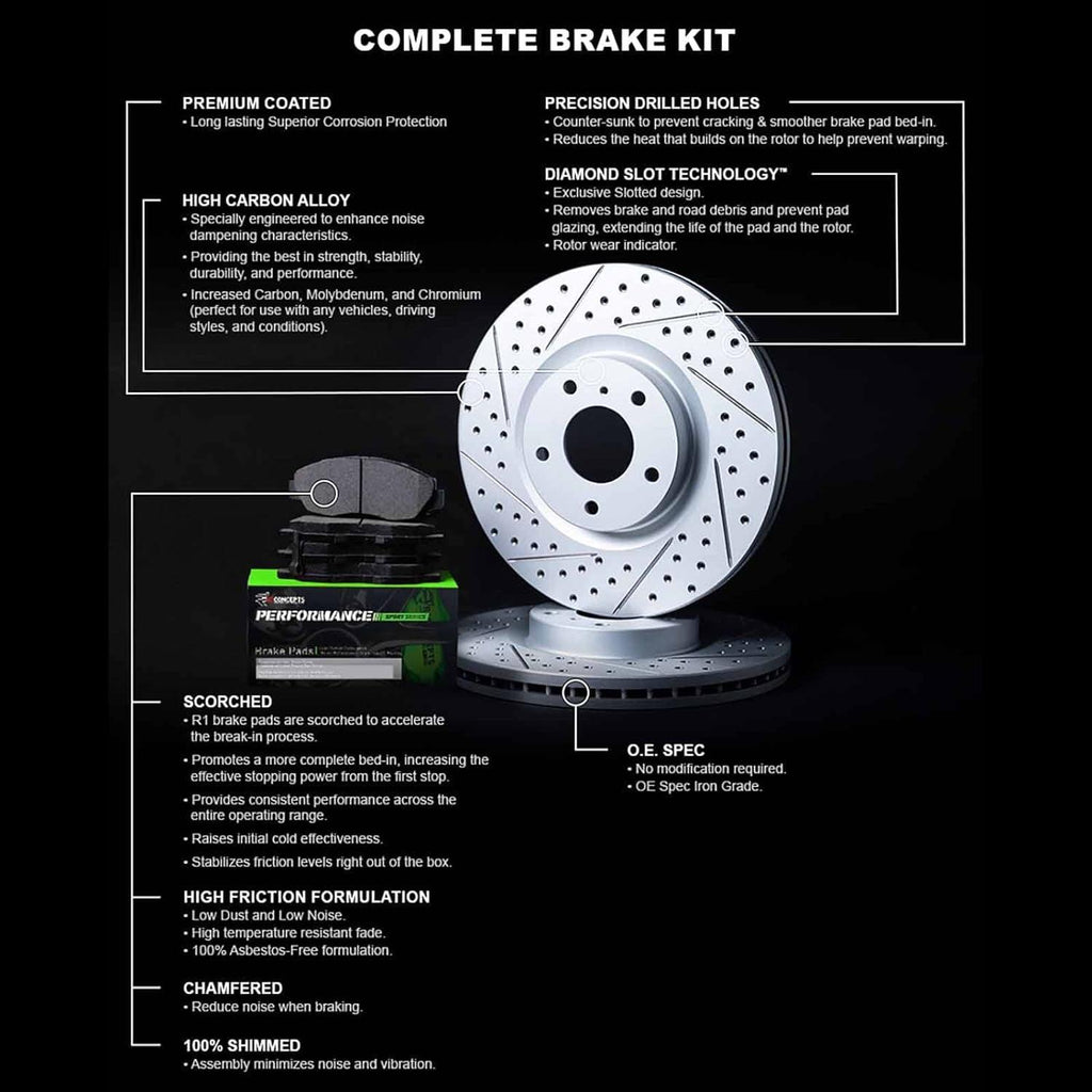 R1 Concepts Front Brakes and Rotors Kit |Front Brake Pads| Brake Rotors and Pads| Peformance Sport Brake Pads and Rotors ||Fits 2008-2019 Pontiac Vibe; Scion Xd; Toyota Corolla, Matrix