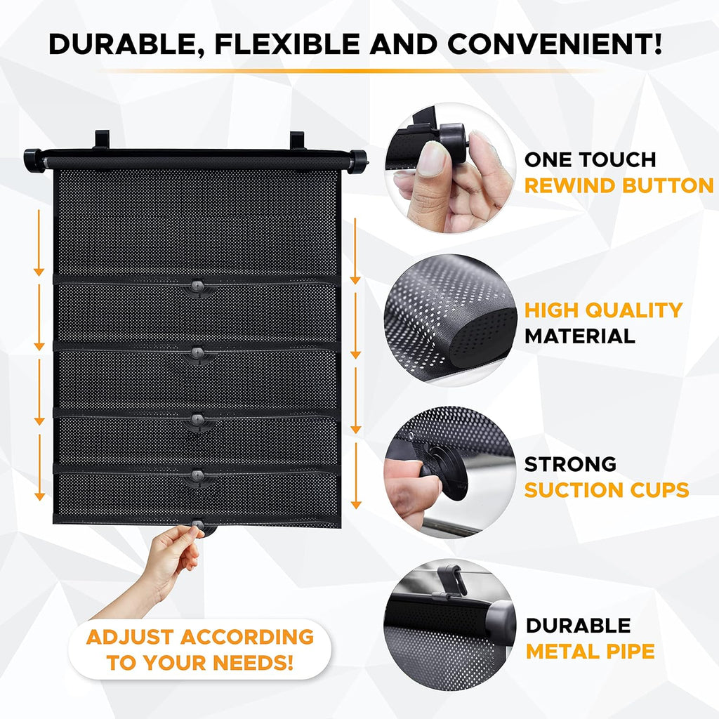 EcoNour Car Side Window Sun Shade (2 Pack) | Retractable Roller Sunshade for Kids | Baby Car Window Shades for UV and Sun Glare Protection | Baby Travel Accessories (15"x17")