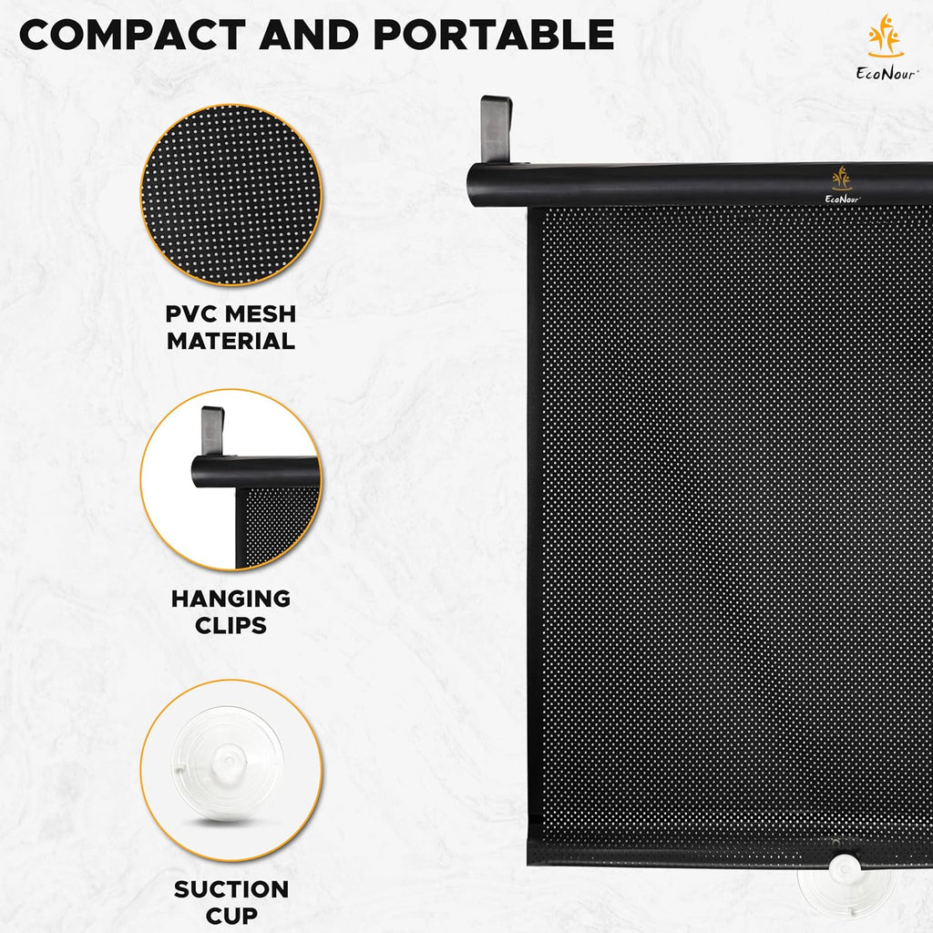 EcoNour Car Side Window Sun Shade (2 Pack) | Retractable Roller Sunshade for Kids | Baby Car Window Shades for UV and Sun Glare Protection | Baby Travel Accessories (15"x17")