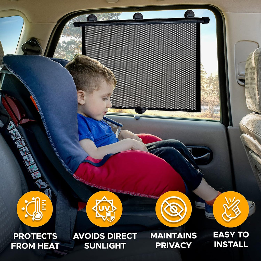 EcoNour Car Side Window Sun Shade (2 Pack) | Retractable Roller Sunshade for Kids | Baby Car Window Shades for UV and Sun Glare Protection | Baby Travel Accessories (15"x17")