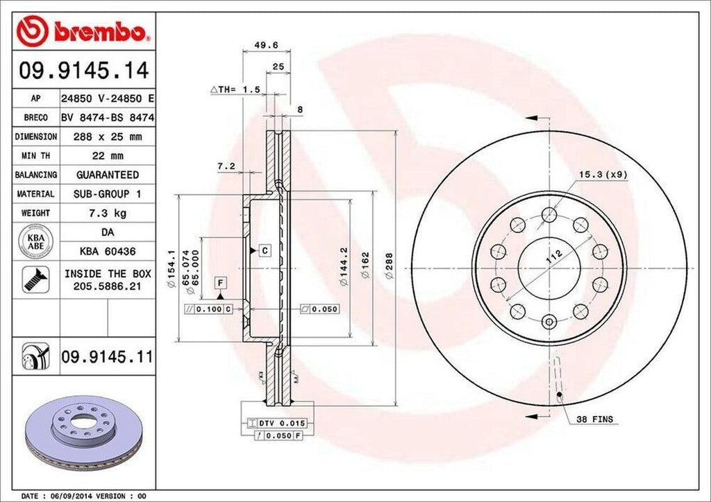 Front Disc Brake Rotor for Golf, Jetta, Beetle, E-Golf+More (09.9145.11)