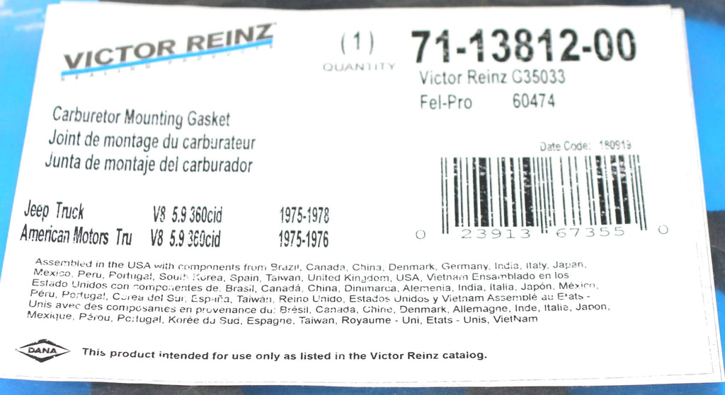 VICTOR REINZ - G35033 - GASKET - CARBURETOR