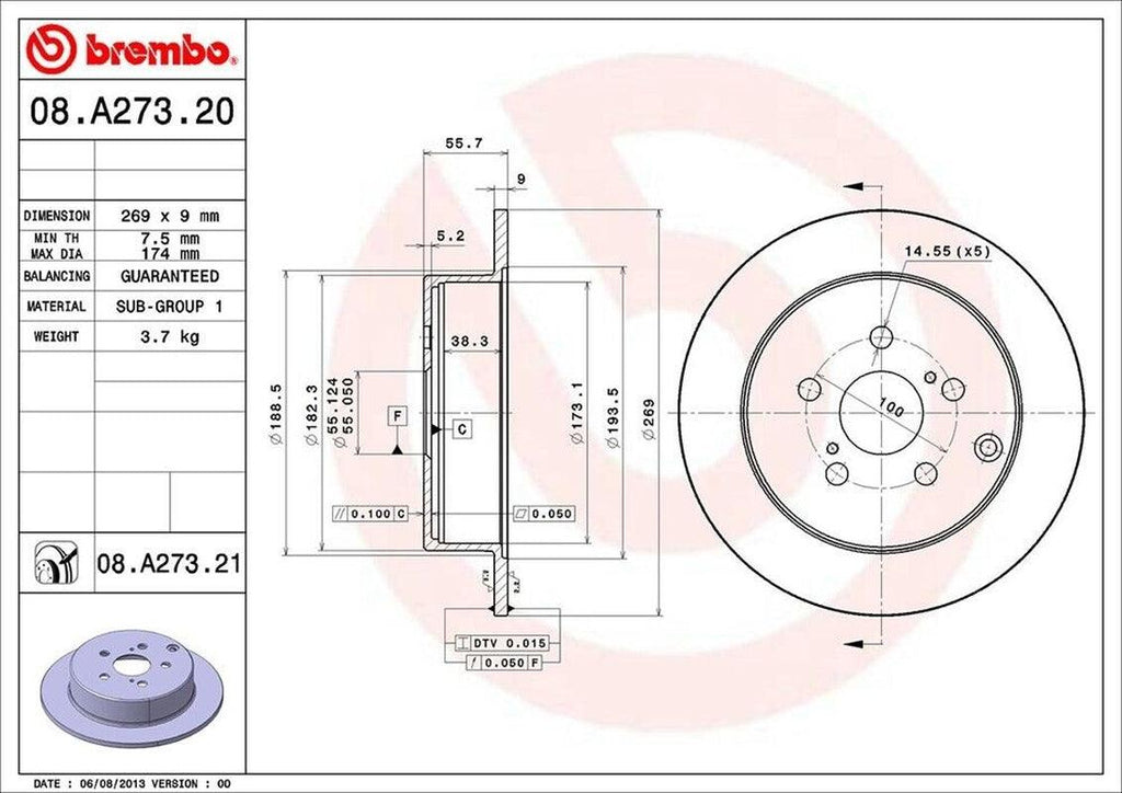 Brembo Rear Disc Brake Rotor for Tc, Matrix, Vibe, Corolla, Celica (08.A273.21)