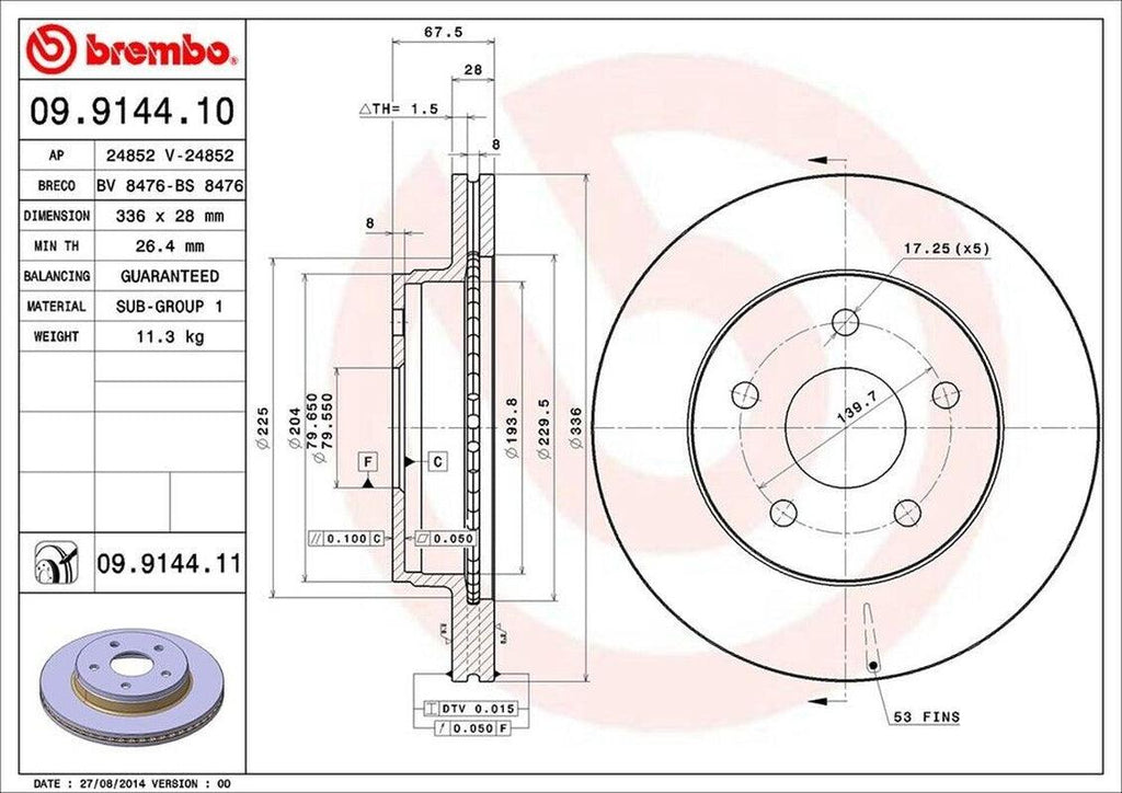Front Disc Brake Rotor for 1500 Classic, 1500, Ram 1500, Aspen+More (09.9144.11)