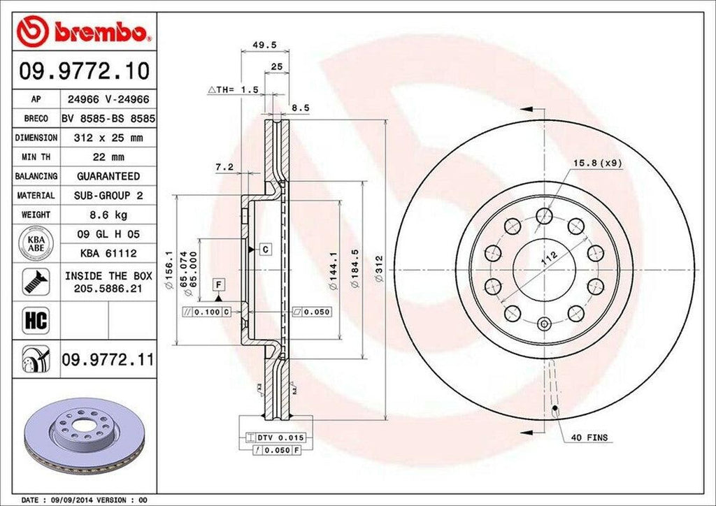 Front Disc Brake Rotor for TT Quattro, Passat, A3+More (09.9772.11)