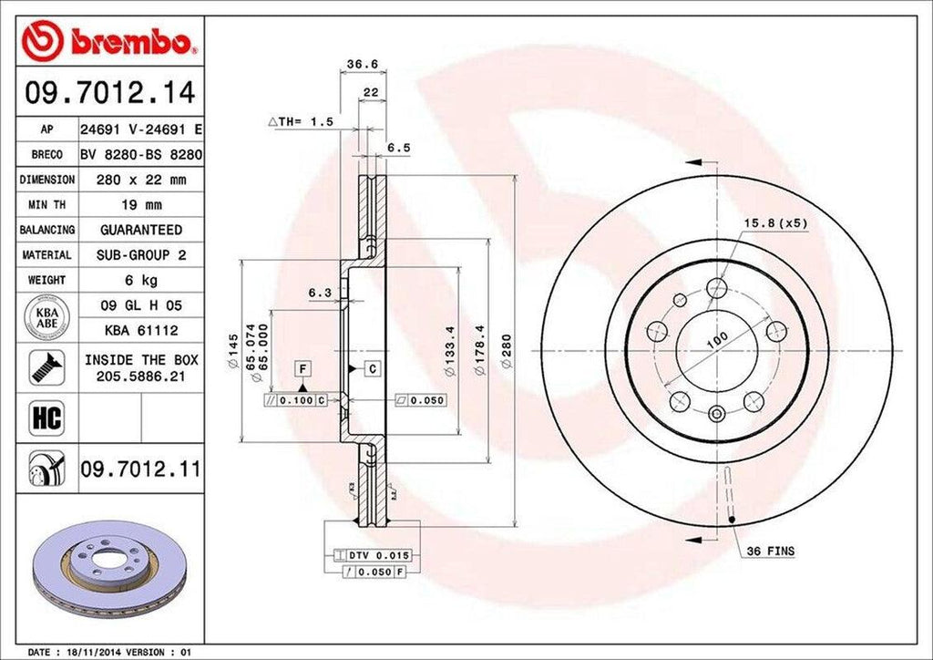 Brembo Front Disc Brake Rotor for Beetle, Golf, Jetta (09.7012.11)