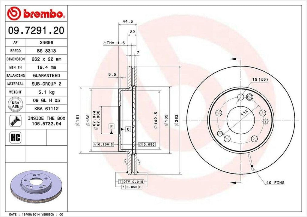 Brembo Front Disc Brake Rotor for 190E, 190D (09.7291.20)