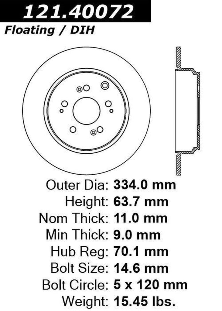 Centric Rear Disc Brake Rotor for Odyssey, Pilot, MDX, ZDX (121.40072)