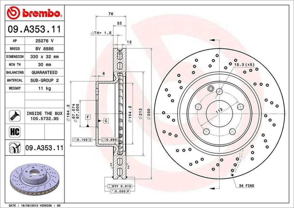 Brembo Front Disc Brake Rotor for CL500, S430, S500 (09.A353.11)