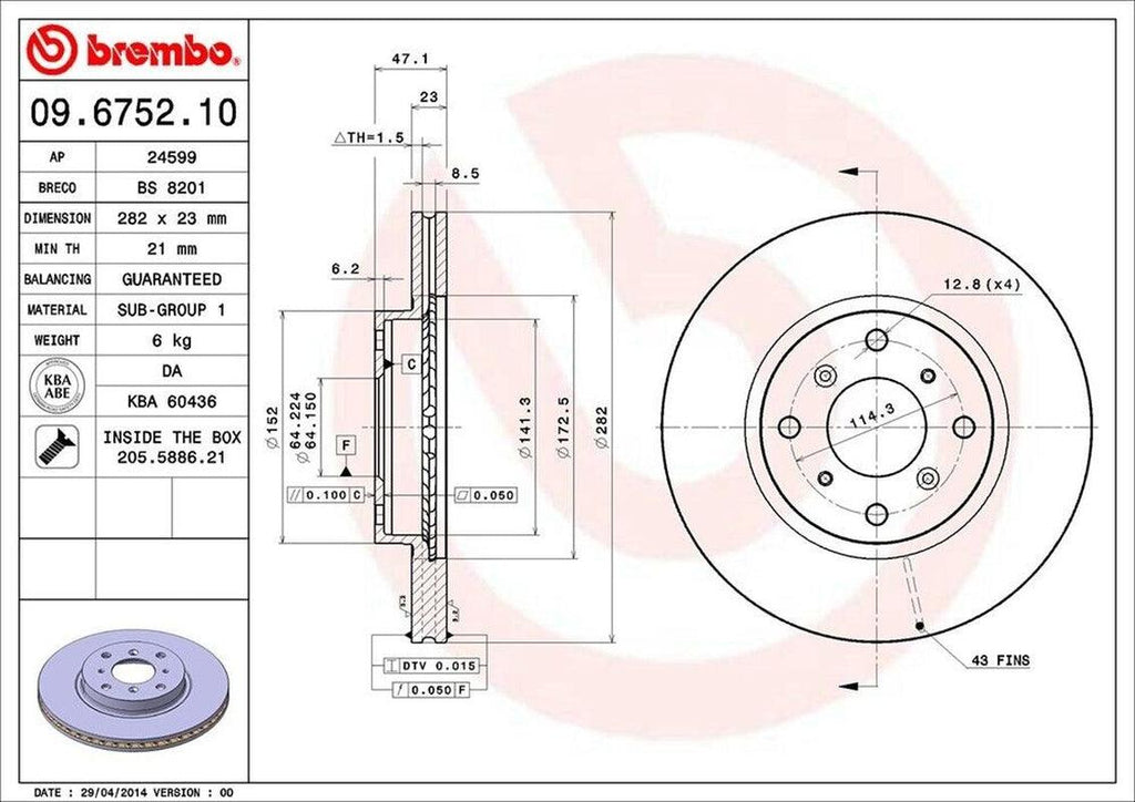 Brembo Front Disc Brake Rotor for 1993-1996 Honda Prelude (09.6752.10)