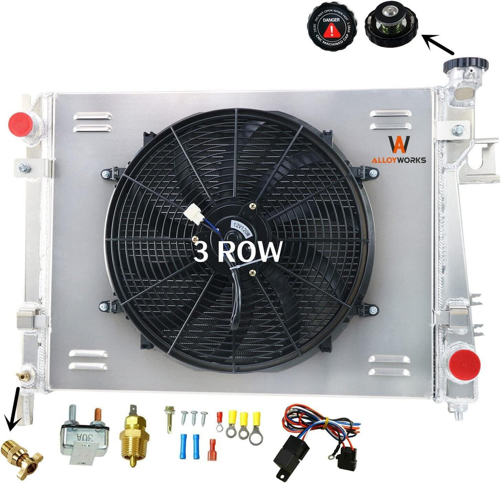 ALLOYWORKS 3 Row Aluminum Radiator+Shroud Fan+Thermostat for 2003-2009 Dodge Ram 1500 2500 3500 L6 V6 V8 V10 3.4L 3.7L 3.8L 3.9L 4.7L 5.7L 5.9L 8.0L 8.3L