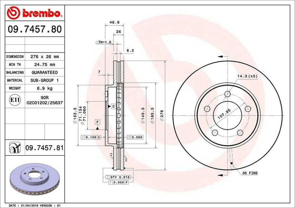 Front Disc Brake Rotor for Taurus, Sable, Thunderbird, Cougar+More (09.7457.81)