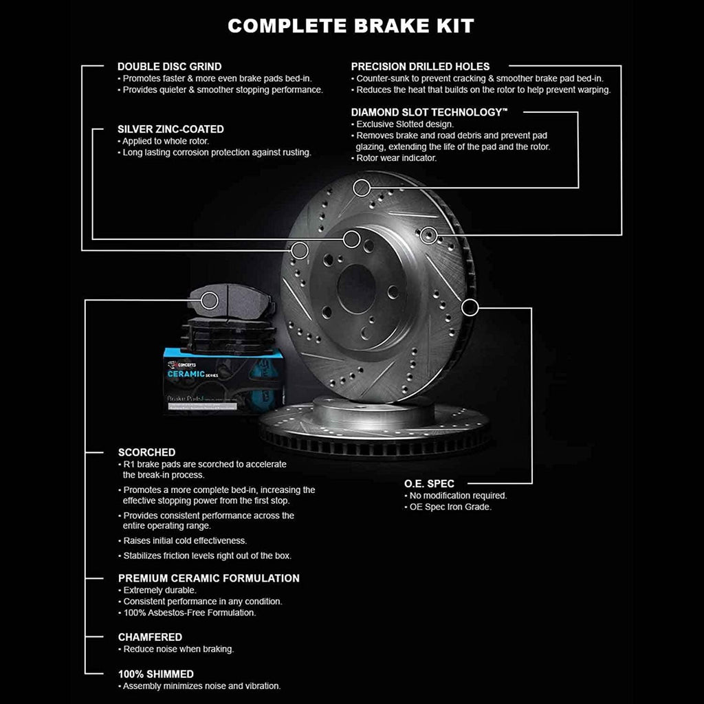 R1 Concepts Front Brakes and Rotors Kit |Front Brake Pads| Brake Rotors and Pads| Ceramic Brake Pads and Rotors|Fits 2008-2019 Pontiac Vibe; Scion Xd; Toyota Corolla, Matrix