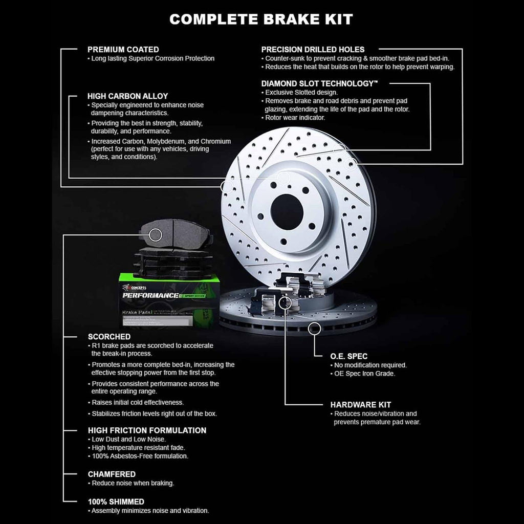 R1 Concepts Front Brakes and Rotors Kit |Front Brake Pads| Brake Rotors and Pads| Peformance Sport Brake Pads and Rotors |Hardware|Fits 2008-2019 Pontiac Vibe; Scion Xd; Toyota Corolla, Matrix