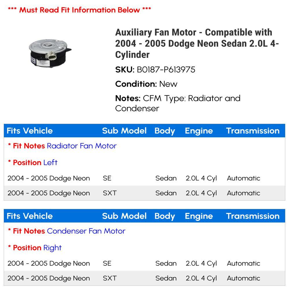 Auxiliary Fan Motor - Compatible with 2004 - 2005 Dodge Neon Sedan 2.0L 4-Cylinder