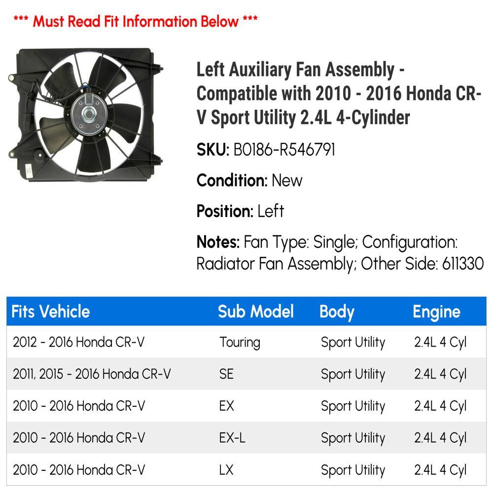 Left Auxiliary Fan Assembly - Compatible with 2010 - 2016 Honda CR-V Sport Utility 2.4L 4-Cylinder 2011 2012 2013 2014 2015