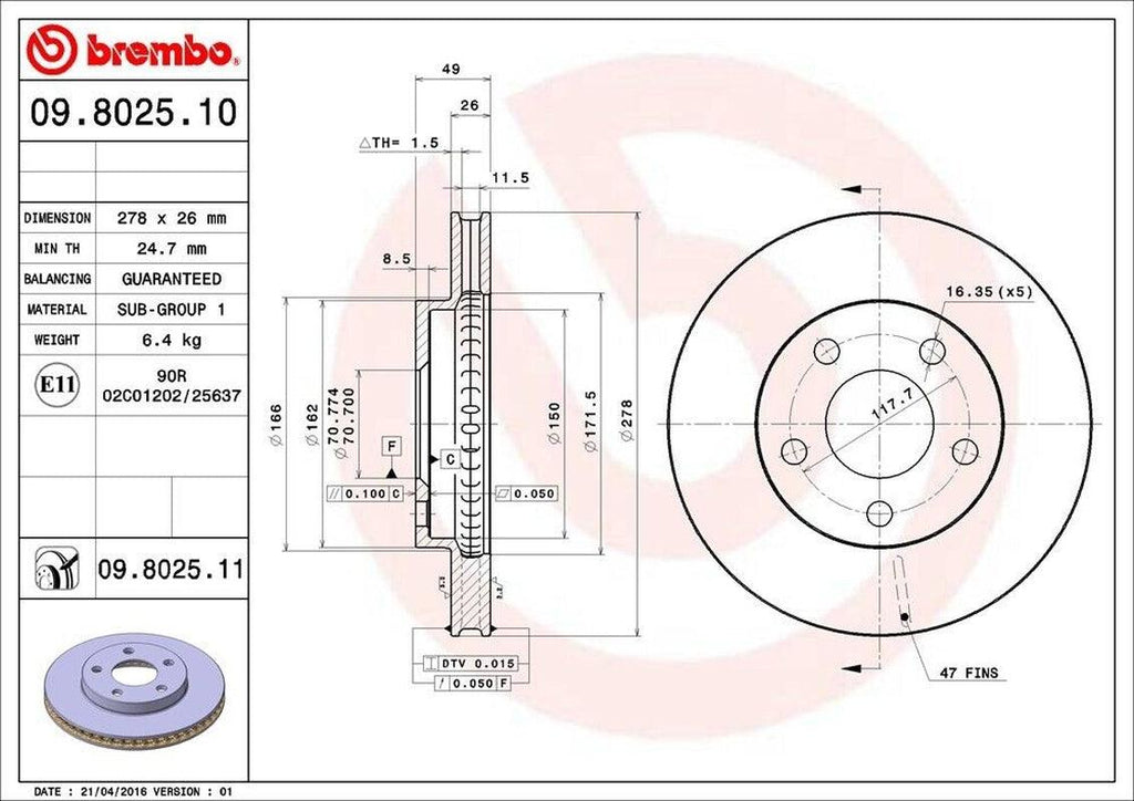 Front Disc Brake Rotor for Classic, Grand Am, Alero, Malibu+More (09.8025.11)