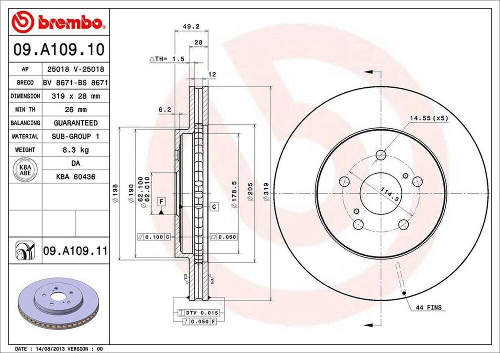 Brembo Front Disc Brake Rotor for RX350, Rx400H, Highlander, RX330 (09.A109.11)