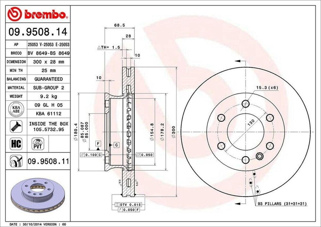 Brembo Front Disc Brake Rotor for Sprinter 2500, Sprinter 3500 (09.9508.11)