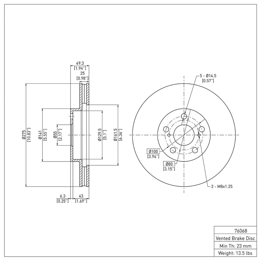 Front Disc Brake Rotor for Tc, Vibe, Corolla, Matrix, Celica (600-76068)