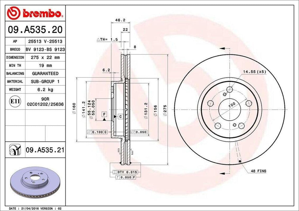 Brembo Front Disc Brake Rotor for Corolla, Xd, Matrix (09.A535.21)