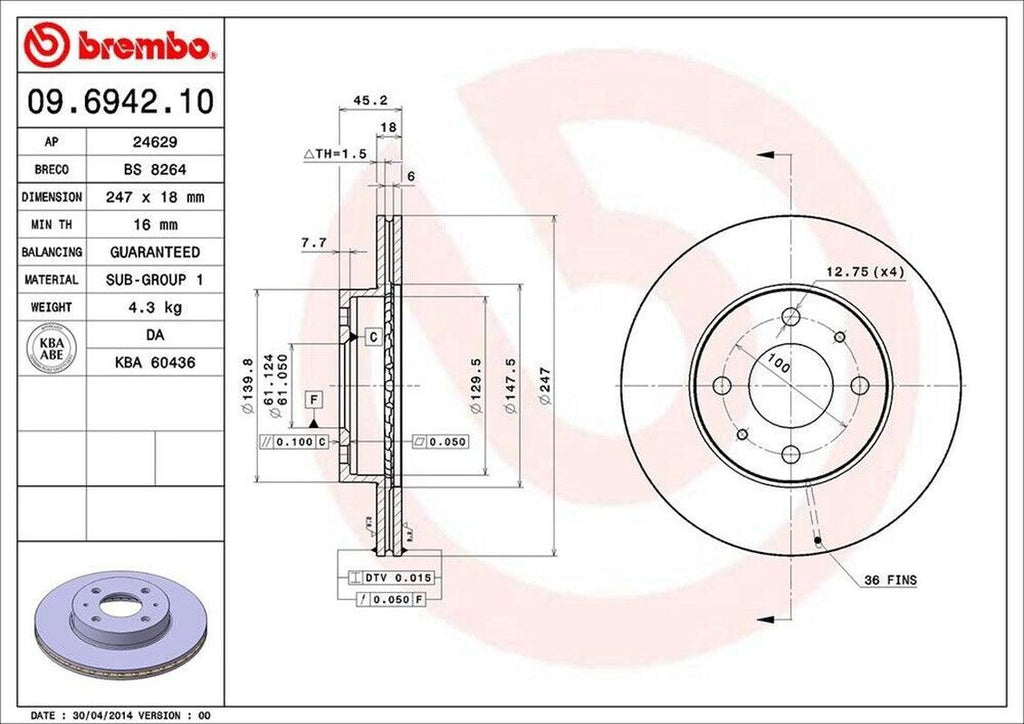 Brembo Front Disc Brake Rotor for Nissan (09.6942.10)