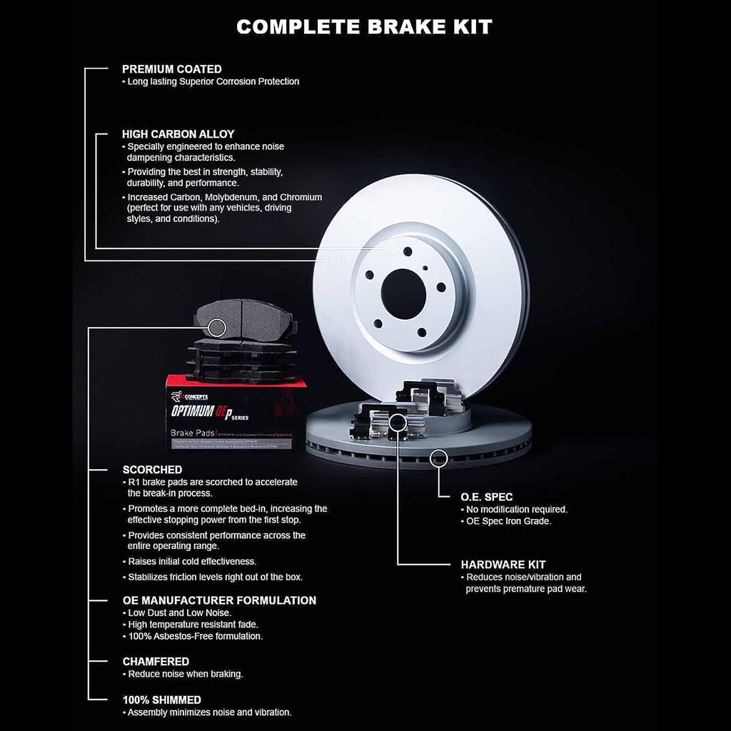 R1 Concepts Front Brakes and Rotors Kit |Front Brake Pads| Brake Rotors and Pads| Optimum Oep Brake Pads and Rotors |Hardware Kit|Fits 2008-2019 Pontiac Vibe; Scion Xd; Toyota Corolla, Matrix
