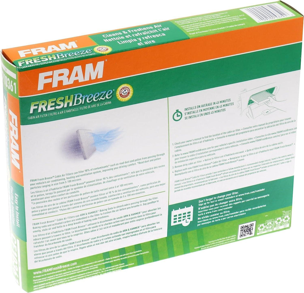 Fresh Breeze Cabin Air Filter Replacement for Car Passenger Compartment W/ Arm and Hammer Baking Soda, Easy Install, CF10361 for Select Chevrolet, Pontiac and Saturn Vehicles