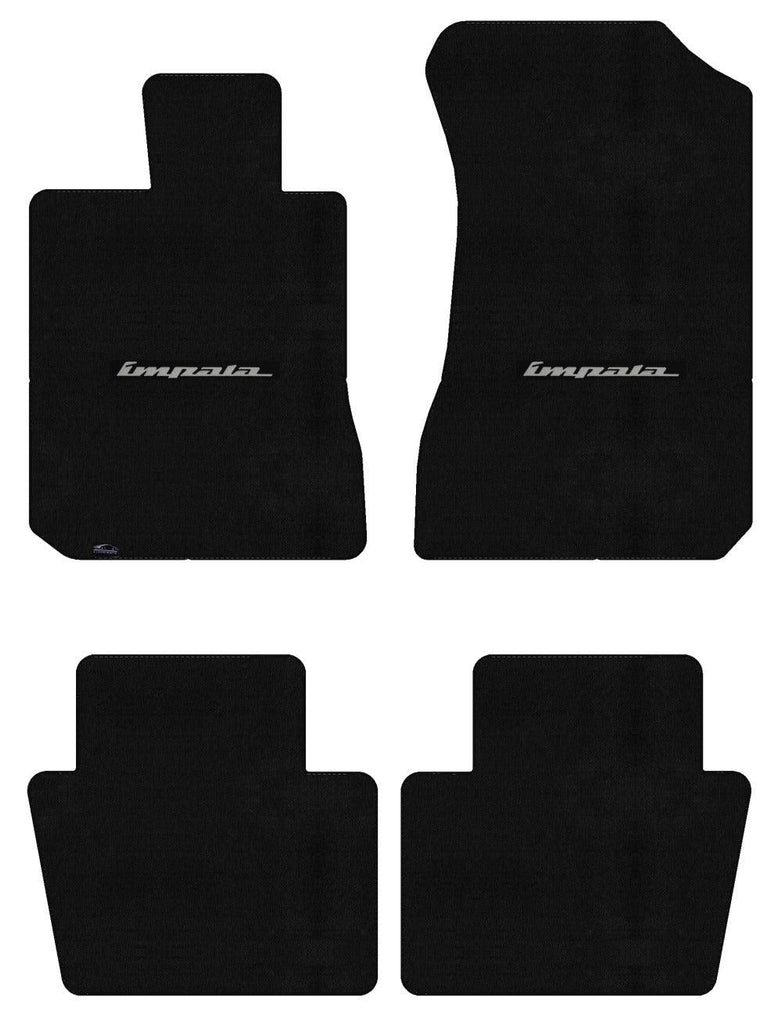 Lloyd Velourtex Front & Rear Mats for '72-76 Impala W/Impala Script Silver on Bl