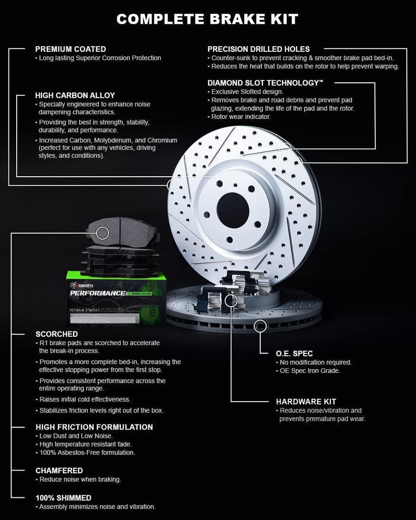 R1 Concepts Front Brakes and Rotors Kit |Front Brake Pads| Brake Rotors and Pads| Peformance Sport Brake Pads and Rotors |Hardware|Fits 2008-2019 Pontiac Vibe; Scion Xd; Toyota Corolla, Matrix