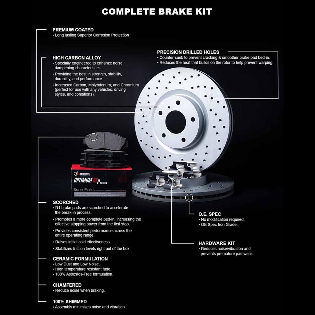 R1 Concepts Front Brakes and Rotors Kit |Front Brake Pads| Brake Rotors and Pads| Optimum Oep Brake Pads and Rotors| Hardware Kit|Fits 2008-2019 Pontiac Vibe; Scion Xd; Toyota Corolla, Matrix