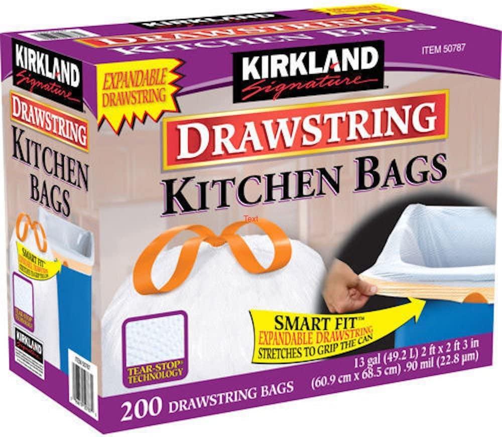 Kirkland 13 Gallon 200 Ct Carton 100% Recyclable Heavy Duty Drawstring Kitchen Trash Bags Garbage Bag ,White
