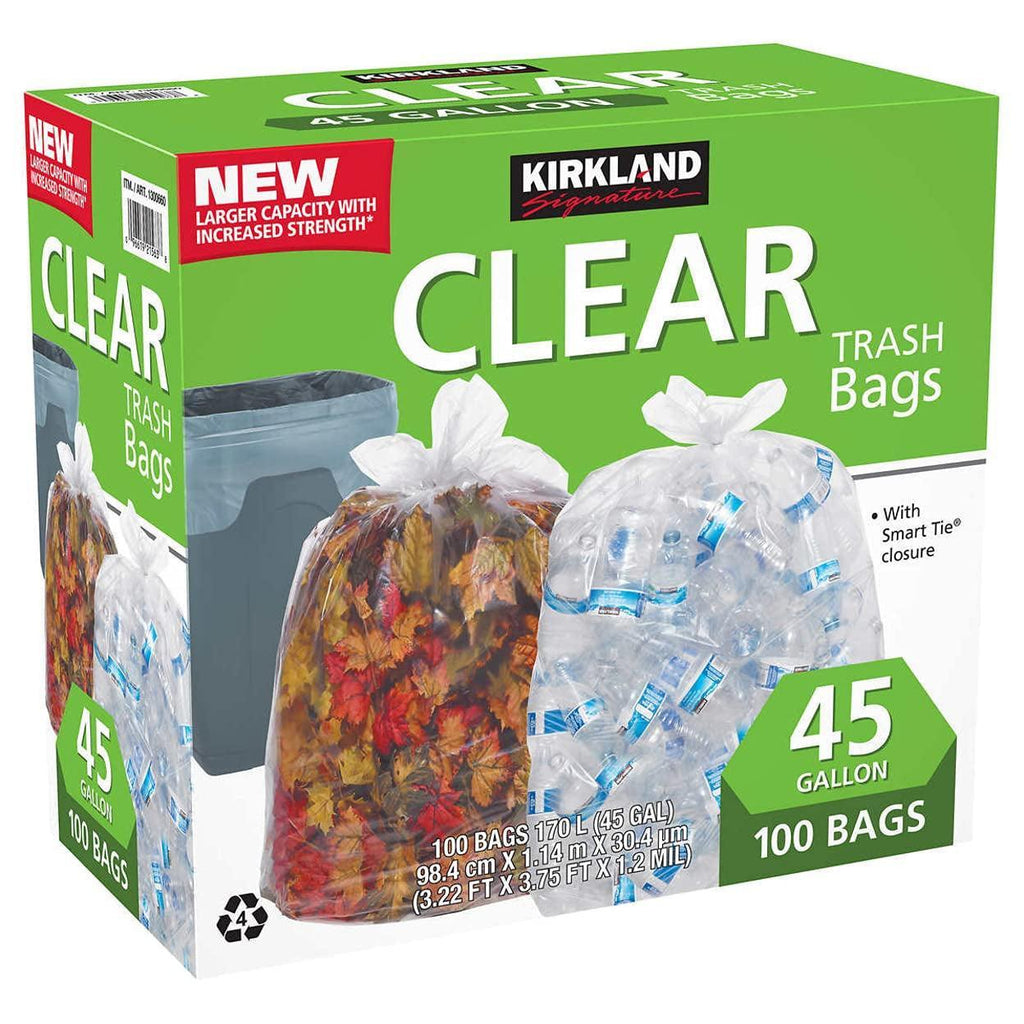 Kirkland 45-Gallon Trash Bag, Clear, 100-Count, Green, (1300660)