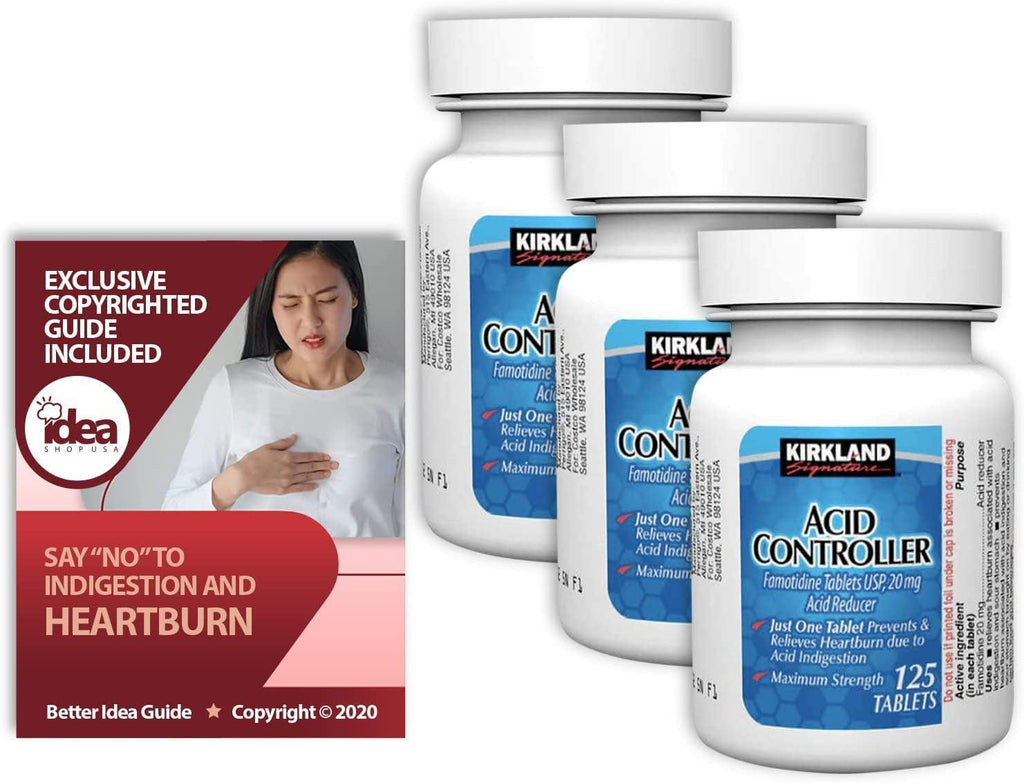 Kirkland Acid Controller 20 Mg, 125 Ct (3 Pack) Bundle with Exclusive "Say NO to Indigestion and Heartburn" - Better Idea Guide (4 Items)
