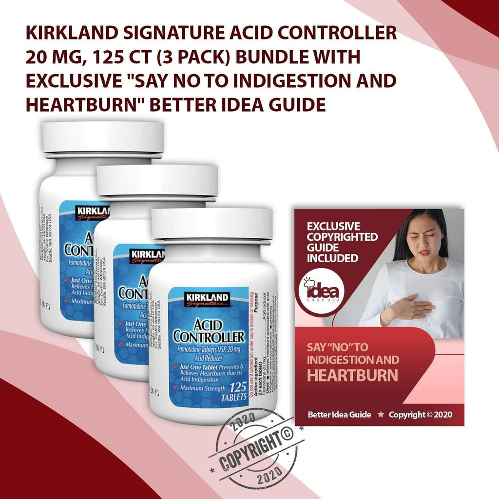 Kirkland Acid Controller 20 Mg, 125 Ct (3 Pack) Bundle with Exclusive "Say NO to Indigestion and Heartburn" - Better Idea Guide (4 Items)