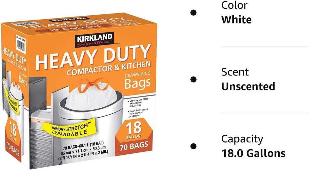 Kirkland Compactor Bags, 18 Gallon, Smart Fit Gripping Drawstring, White, 1 Pack (70 Count)