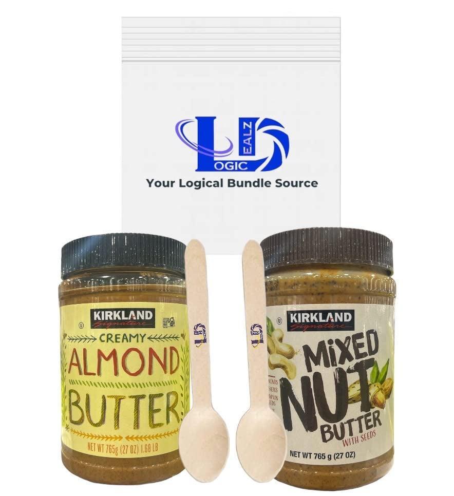 Kirkland Mixed Nut Butter 27 OZ &  Creamy Almond Butter 27 OZ with Logic Dealz Zip Loc Baggie and 2 Wooden Stirring Spoons