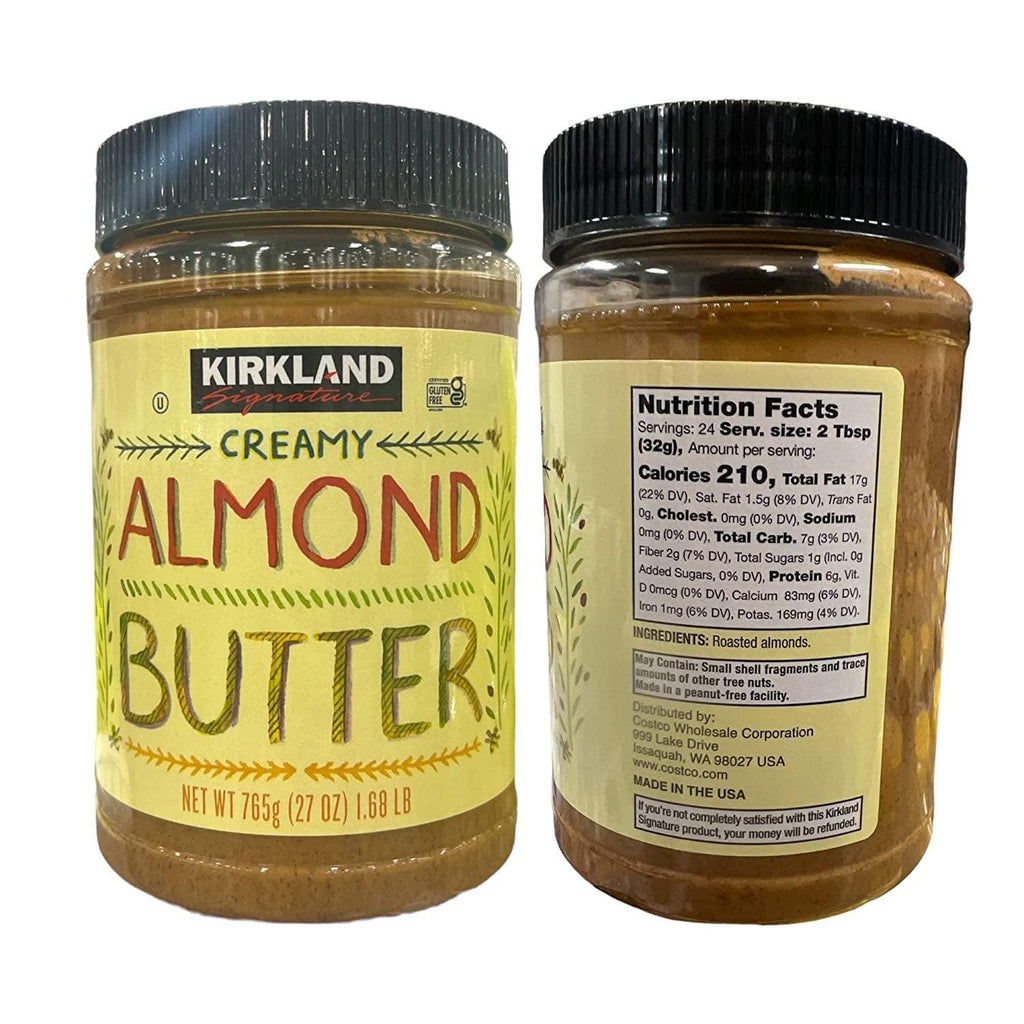 Kirkland Mixed Nut Butter 27 OZ &  Creamy Almond Butter 27 OZ with Logic Dealz Zip Loc Baggie and 2 Wooden Stirring Spoons