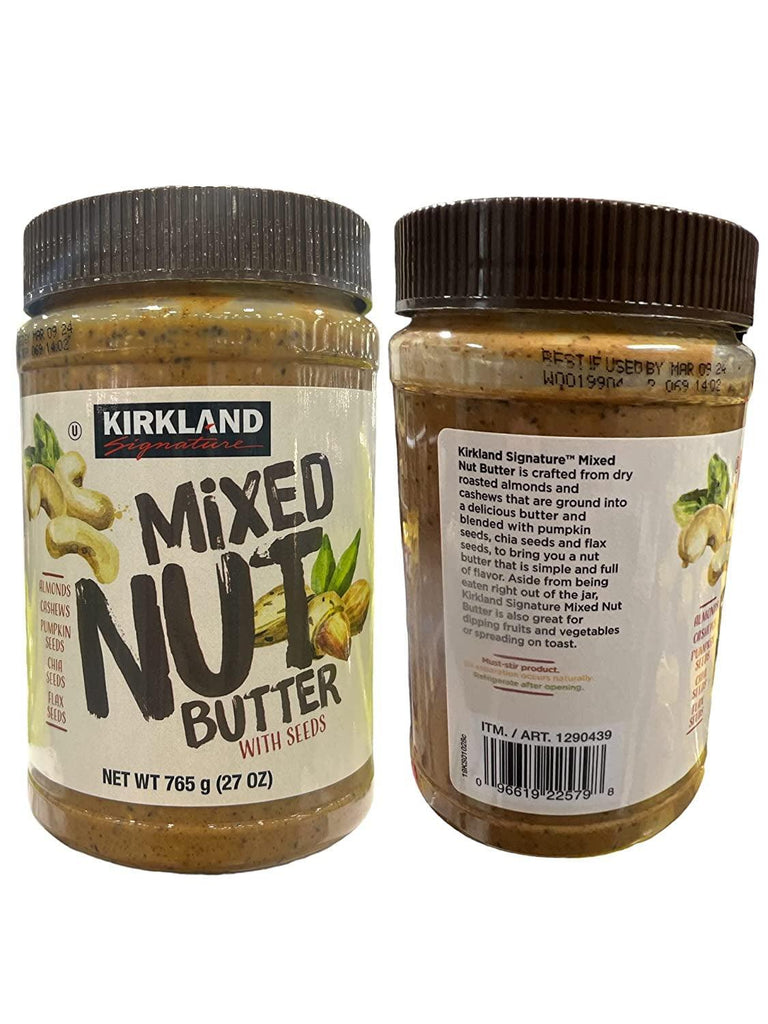 Kirkland Mixed Nut Butter 27 OZ &  Creamy Almond Butter 27 OZ with Logic Dealz Zip Loc Baggie and 2 Wooden Stirring Spoons