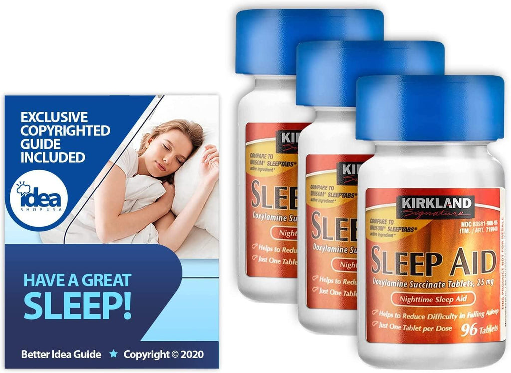 Kirkland - Nighttime Sleep Aid, 25 Mg, 96 Ct (3 Pack) Bundle with Exclusive "Have a Great Sleep" - Better Idea Guide (4 Items)