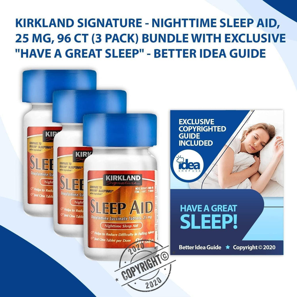 Kirkland - Nighttime Sleep Aid, 25 Mg, 96 Ct (3 Pack) Bundle with Exclusive "Have a Great Sleep" - Better Idea Guide (4 Items)