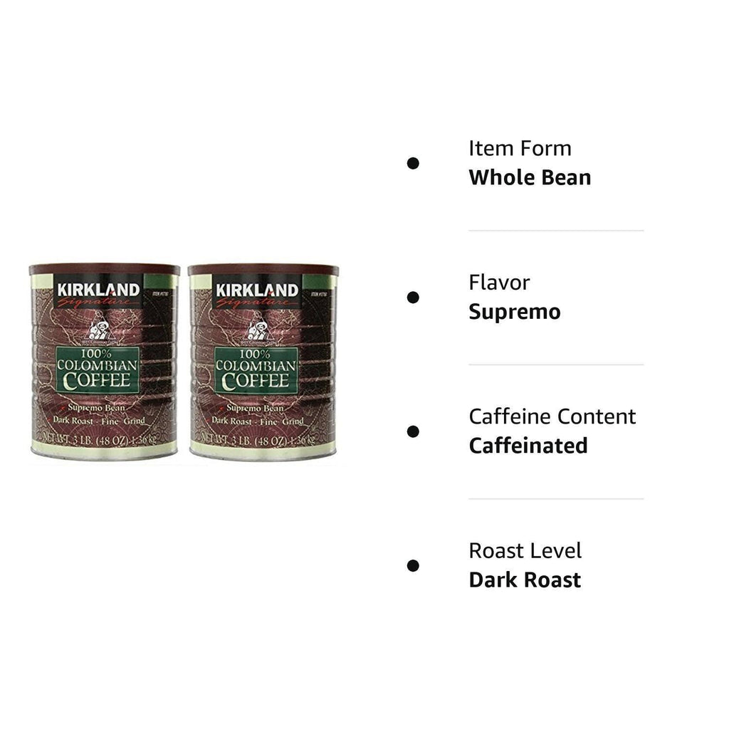Kirkland Signature 100% Colombian Coffee, Supremo Bean Dark Roast-Fine Grind, 3 Pound (2 Cans)
