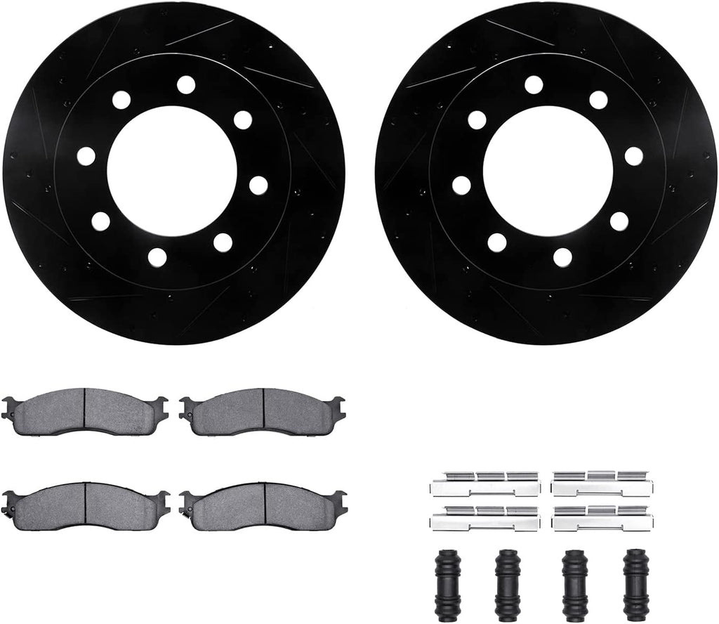 Front Brake Rotors-Drilled and Slotted-Black with 5000 Advanced Brake Pads Includes Hardware 8512-40088