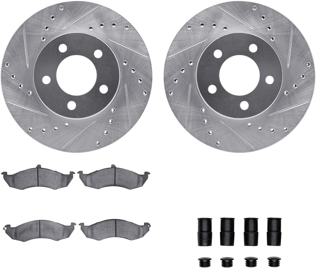 Front Brake Rotors-Drilled and Slotted-Silver with 5000 Advanced Brake Pads Includes Hardware 7512-54346
